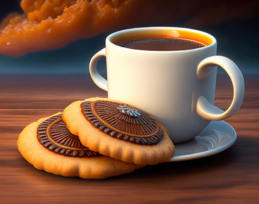 Steaming cup of coffee with cream-filled cookies on wooden table.