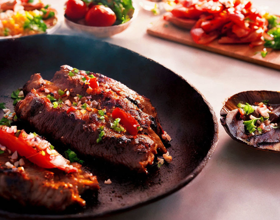 Sizzling Grilled Steaks with Herbs, Tomatoes, Salads & Mushroom