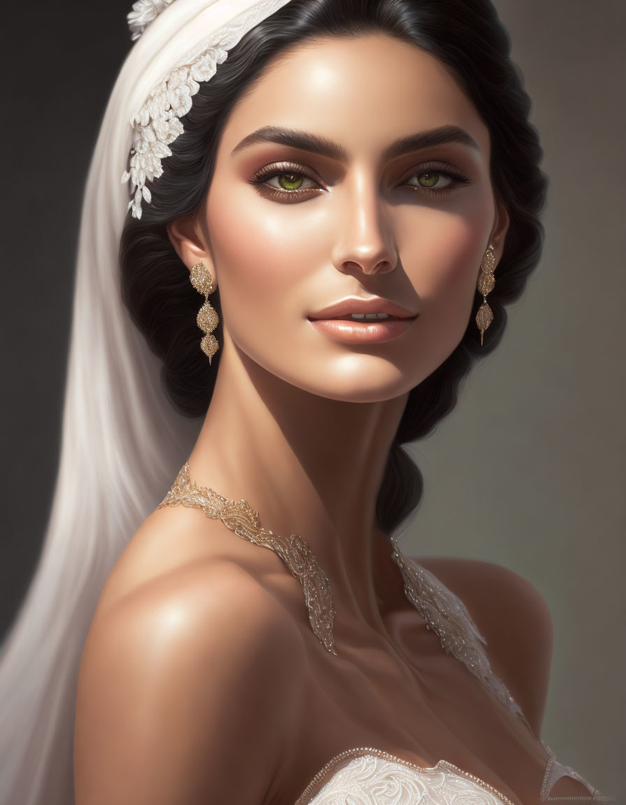 Bride in bridal gown with headpiece and makeup on neutral background