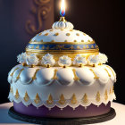 Two-tiered cake with white and chocolate icing, gold accents, white roses, and a lit candle