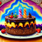Colorful Chocolate Cake Painting with Lit Candles on Psychedelic Background