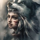Fantasy illustration of woman with wolf head, blue gemstone jewelry, mystical aura