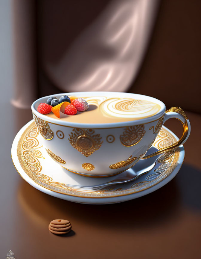 Golden-patterned cup filled with creamy coffee and fresh berries on saucer with biscuit, blurred background