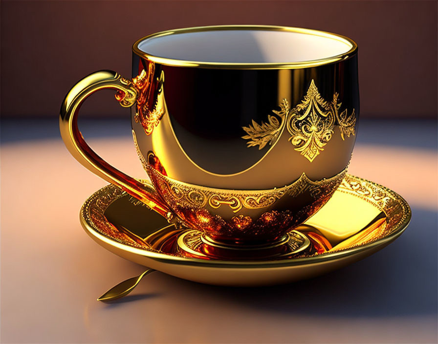Golden ornate coffee cup on matching saucer in soft-lit setting