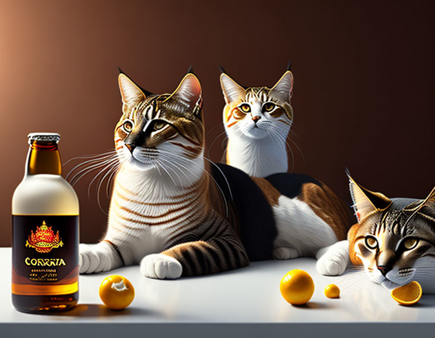Three domestic cats with unique patterns near a bottle and fruits on warm backdrop