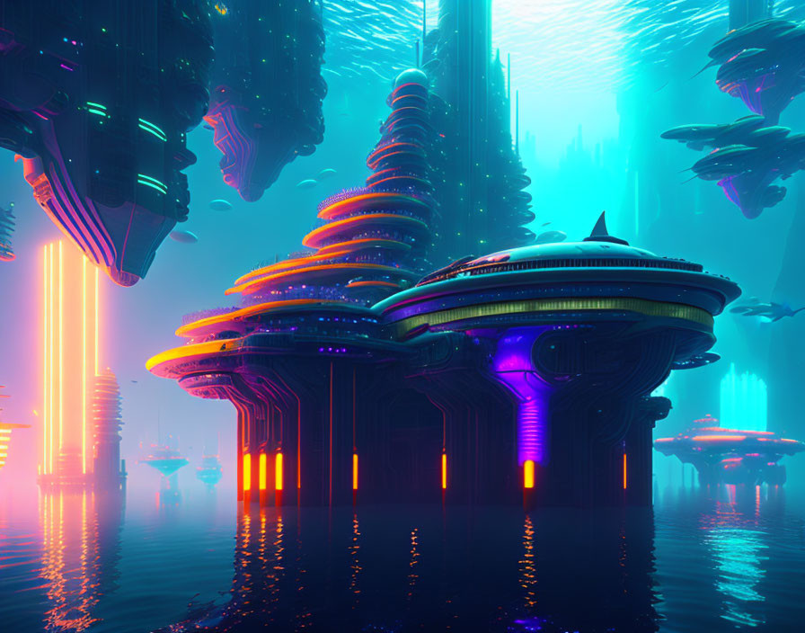 Futuristic cityscape with towering skyscrapers and neon lights
