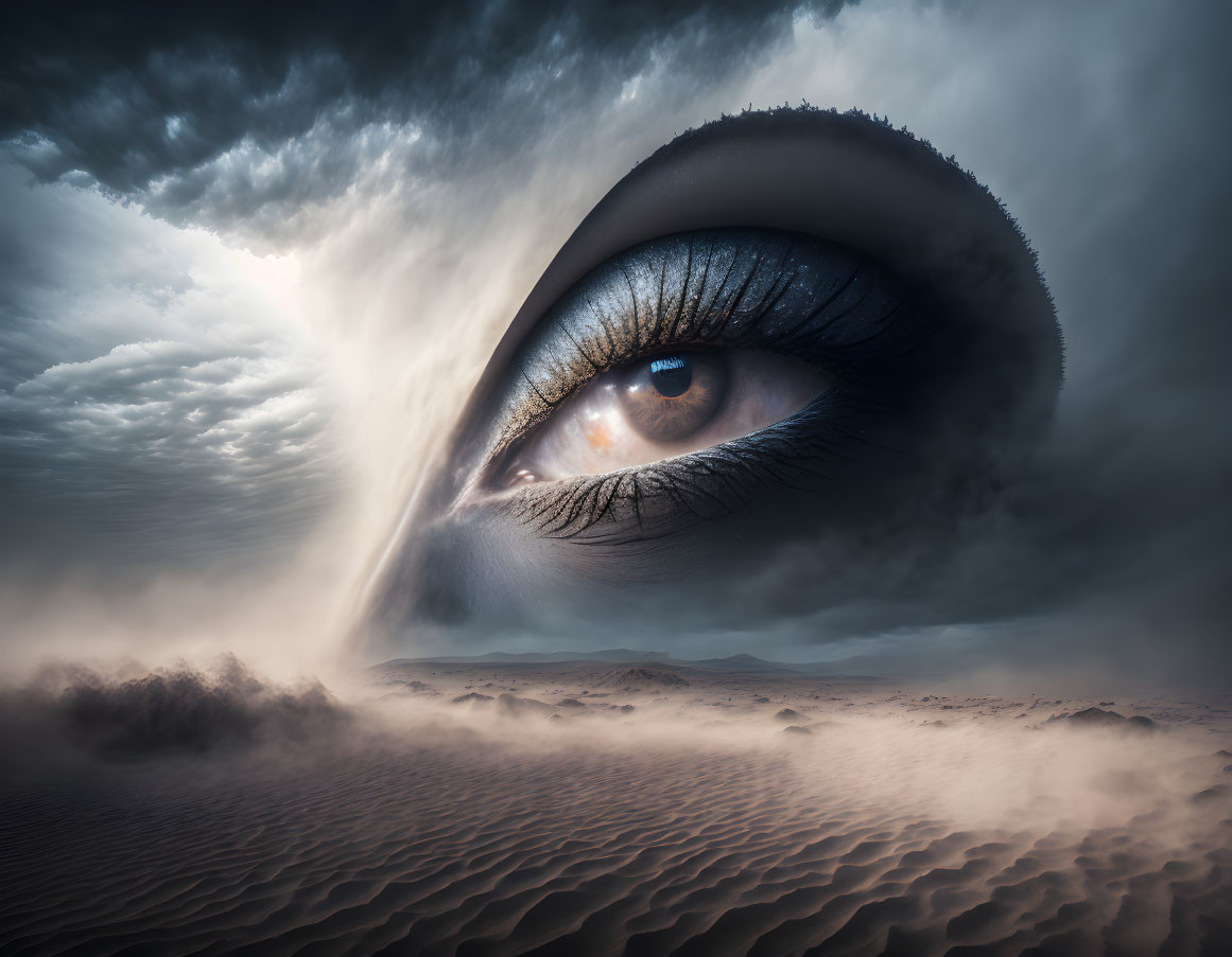 Surrealist image: Human eye merges with stormy desert landscape