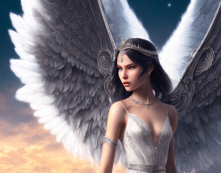 Detailed digital art: Female angel, white wings, elegant dress, silver jewelry, twilight sky