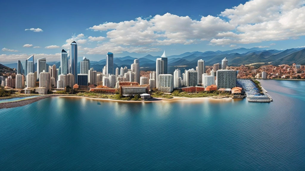 Modern cityscape with bay, beaches, skyscrapers, marina, and mountains under clear sky