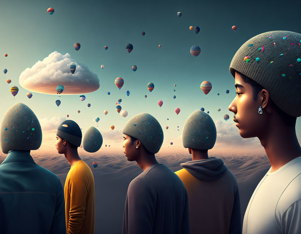 Four individuals with dotted landscapes atop their heads watching hot air balloons in serene sunset sky