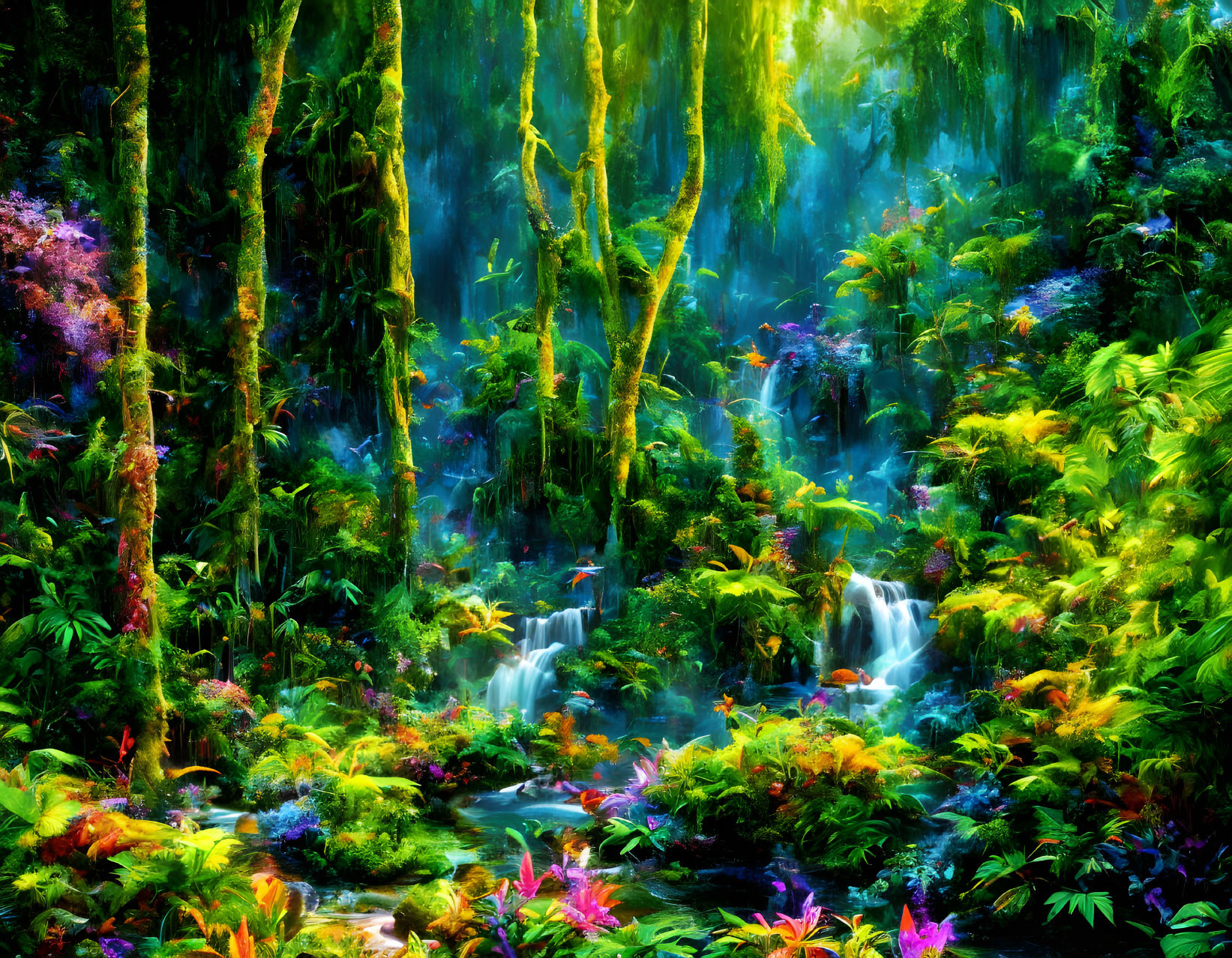 Lush Jungle with Waterfalls and Colorful Plants