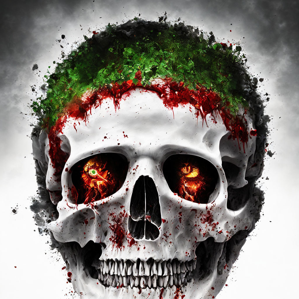 Menacing skull with glowing red eyes and splattered colors.