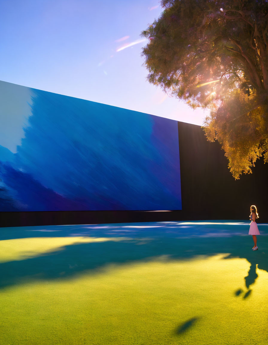 Child admiring blue abstract painting in outdoor gallery with tree shadow
