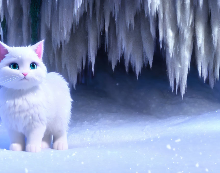 White Animated Cat in Snowy Landscape with Icicles