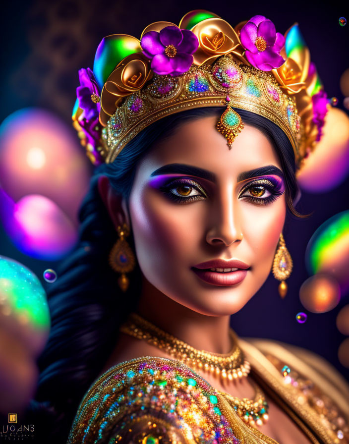 Woman in golden crown and traditional attire with vibrant makeup against colorful bokeh lights