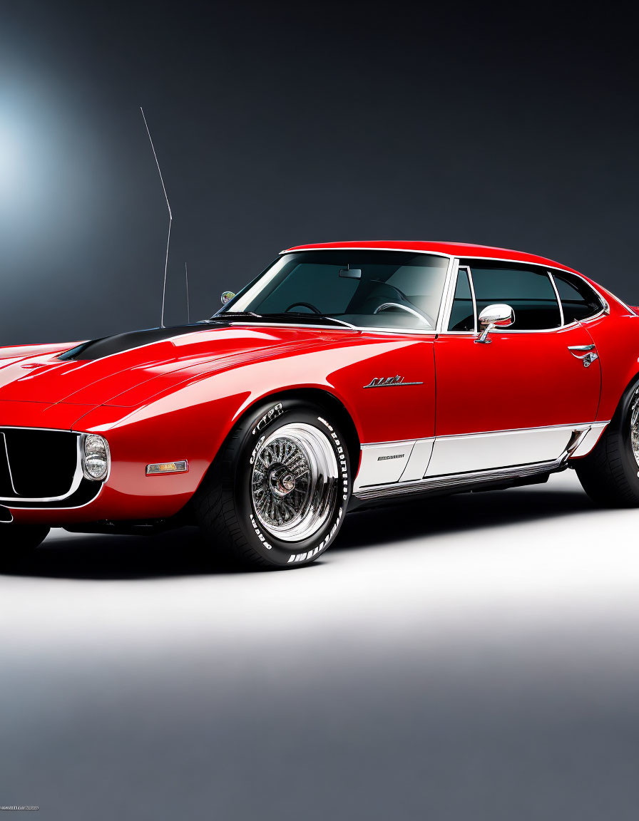 Vintage Red and White Sports Car with Chrome Details and Mag Wheels on Dark Grey Gradient Background