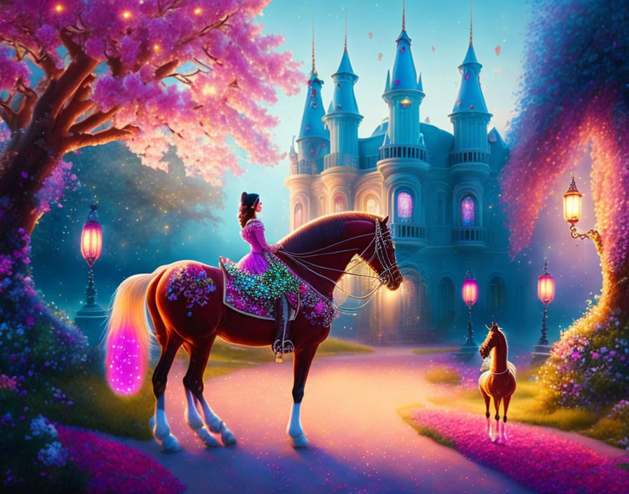 Rider on flower-adorned horse near glowing fairytale castle at twilight