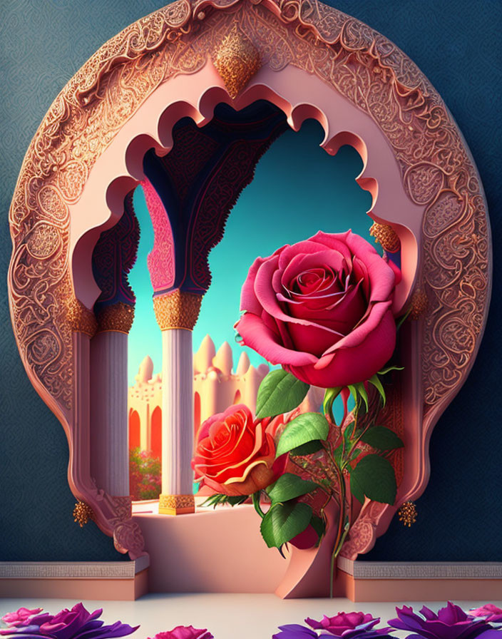 Illustration of ornate arched window with garden view and red rose.