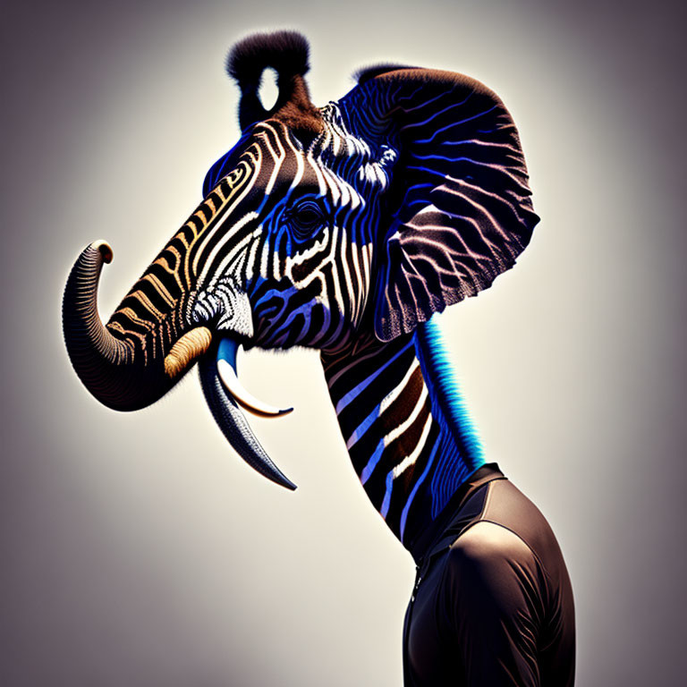 Surreal image of person with elephant head and zebra stripes on gradient background
