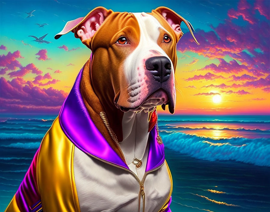 Illustrated dog in purple & gold jacket at ocean sunset