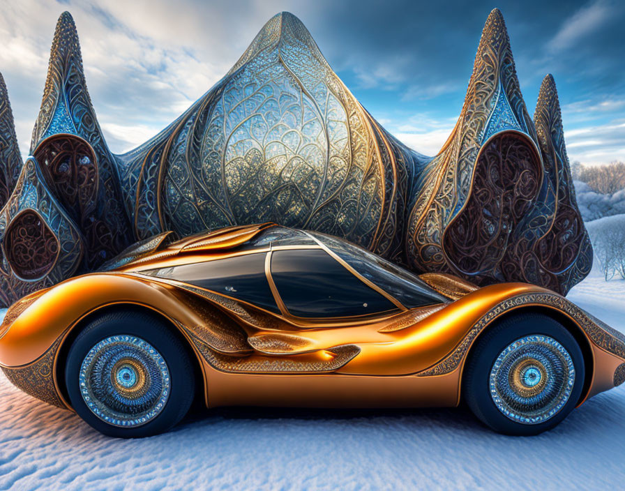 Futuristic orange car with intricate wheel designs in snowy landscape