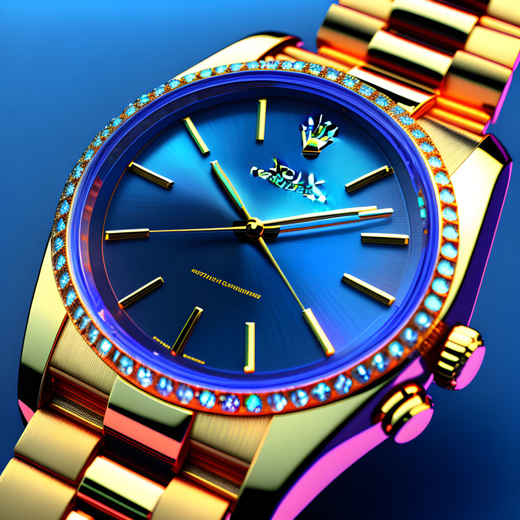 Elegant Two-Tone Wristwatch: Blue Dial, Gold Hands, Diamond Bezel, Date