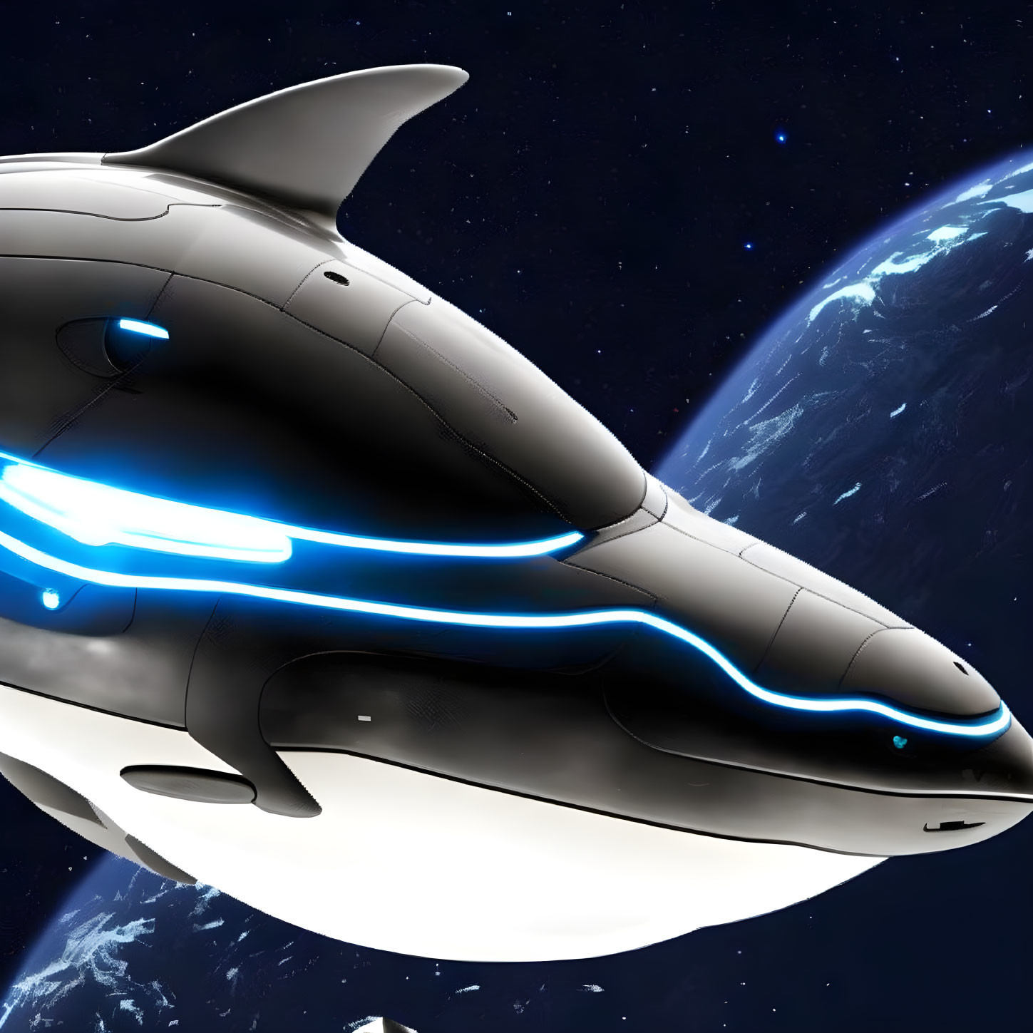 Dolphin-shaped spacecraft with blue neon highlights orbits Earth.