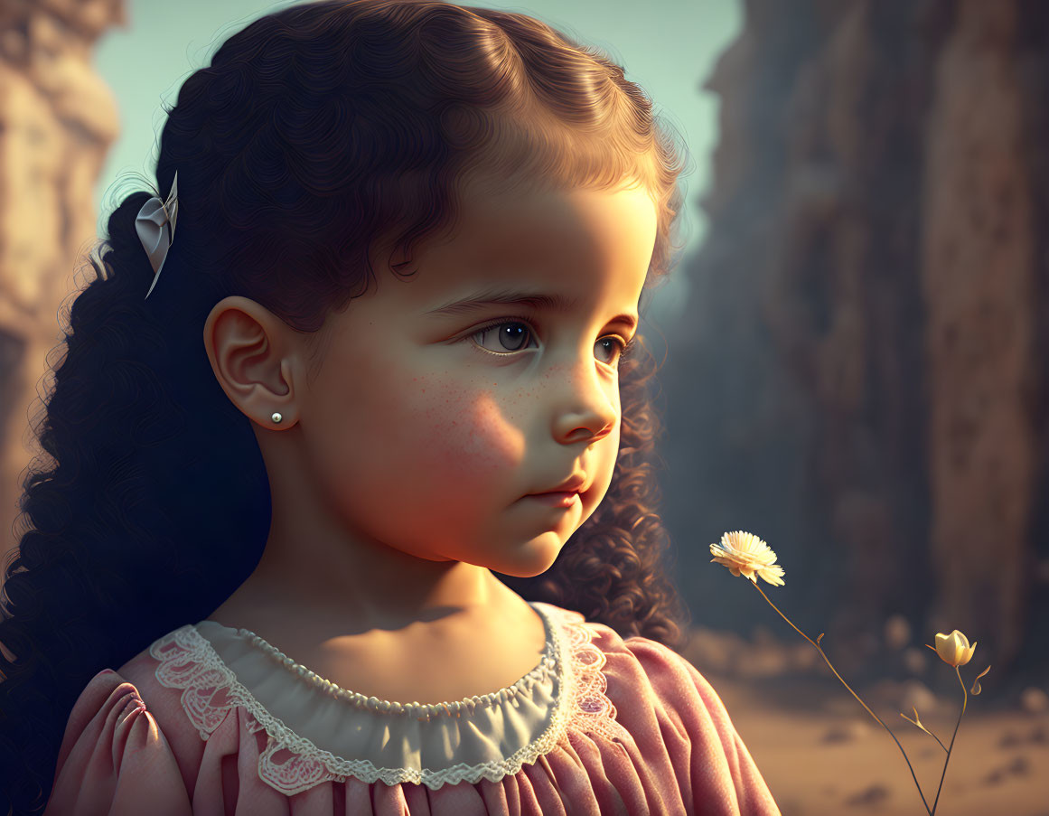 Contemplative young girl with curly hair holding a white flower in rocky terrain