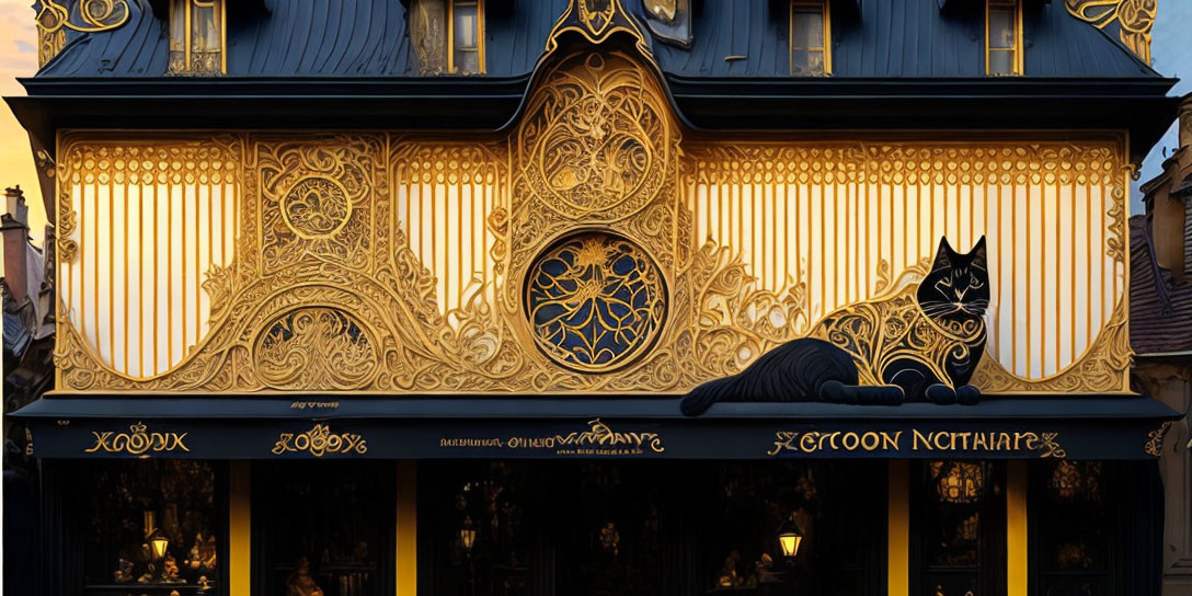 Ornate Black and Gold Storefront with Reclining Cat Sculpture