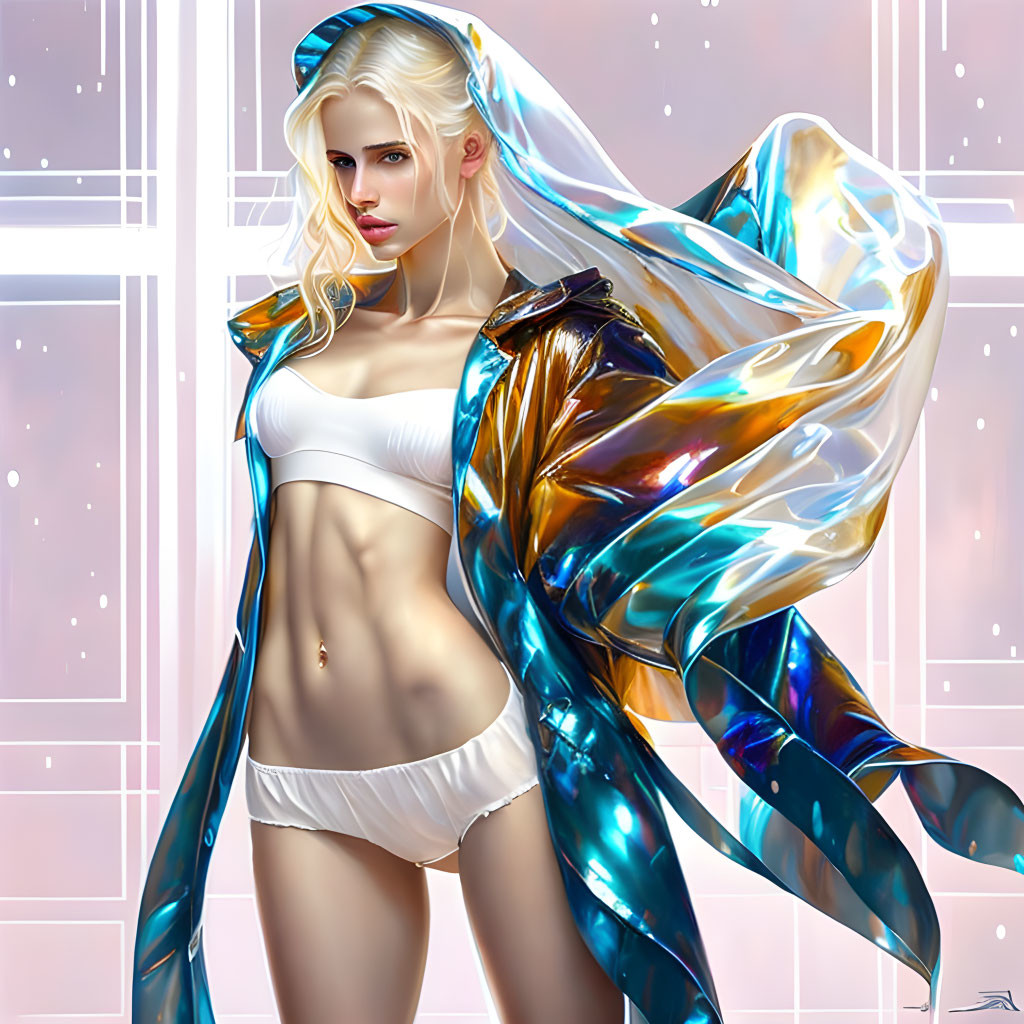 Stylized digital artwork of woman with platinum blonde hair in shiny, translucent cloak against geometric backdrop