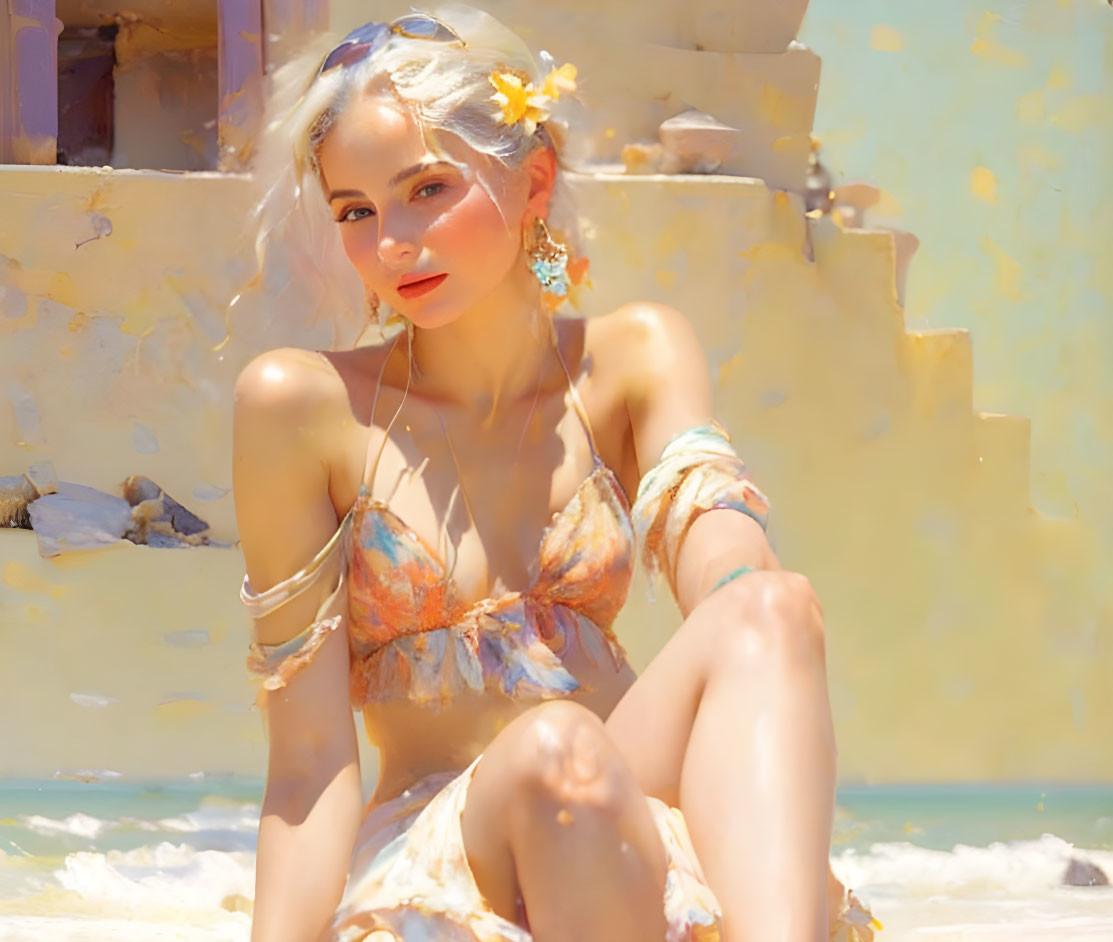 Woman with flower in hair at beach in pastel bikini and jewelry
