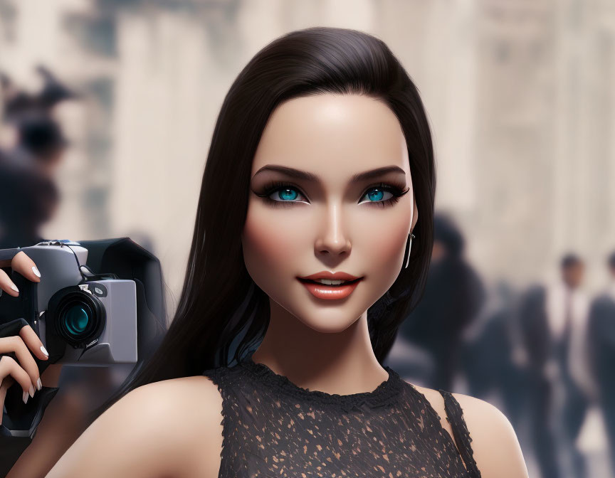 3D Animated Female Character with Blue Eyes and Black Hair in Black Lace Top