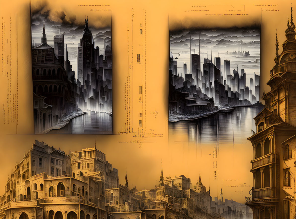 Sepia-Toned Panels of Fantastical Cityscapes with Architectural Elements