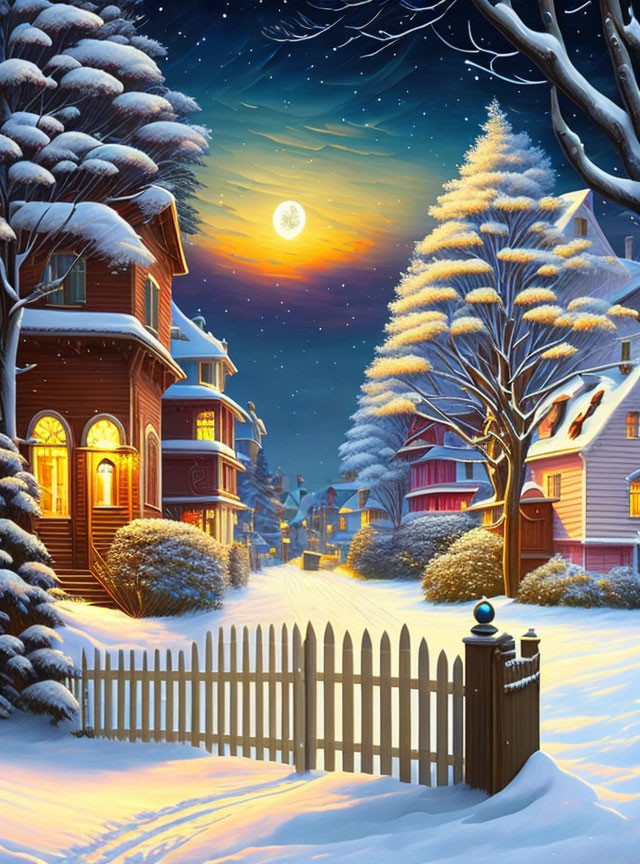 Winter Night Landscape: Full Moon, Snowy Trees, Cozy Homes