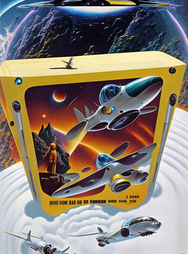 Vintage Sci-Fi Poster: Futuristic Spacecrafts Over Celestial Landscape