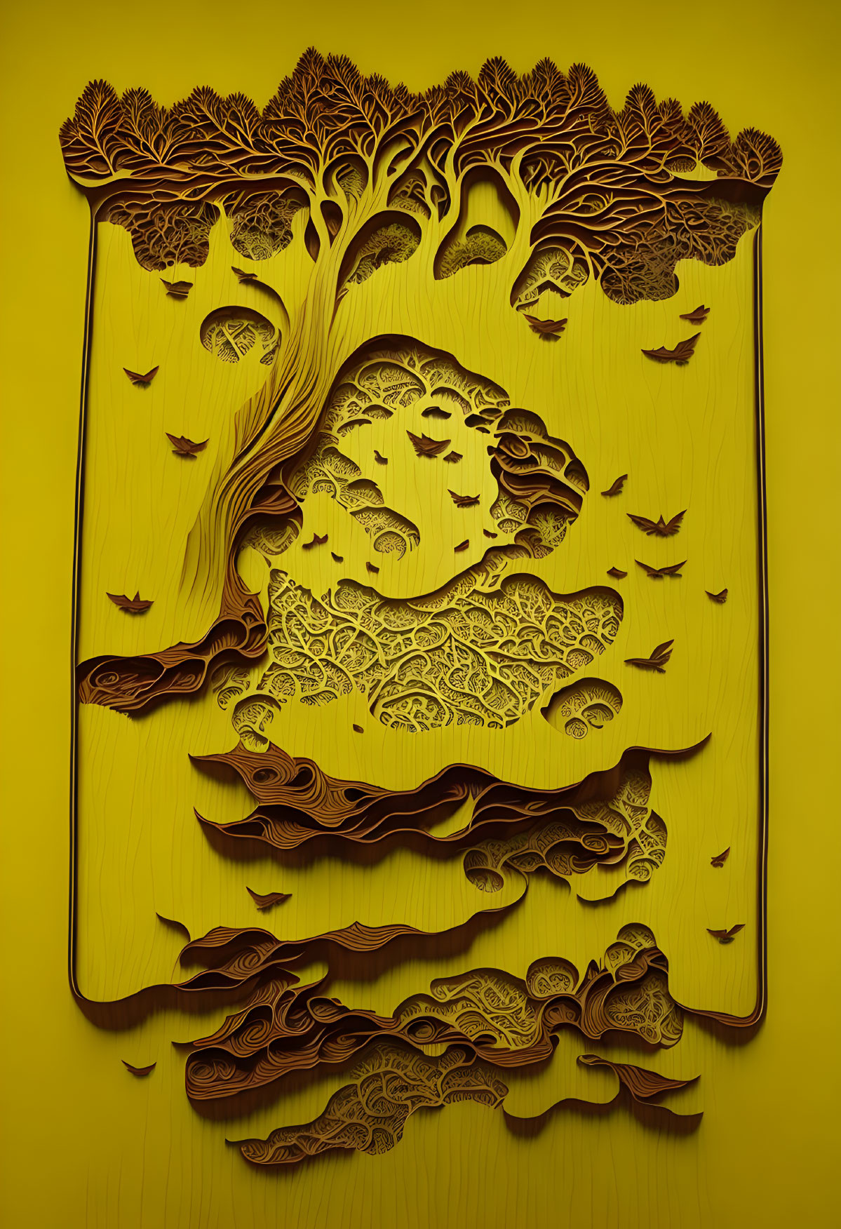Detailed Wood Carving Art: Stylized Tree & Waves on Yellow Background
