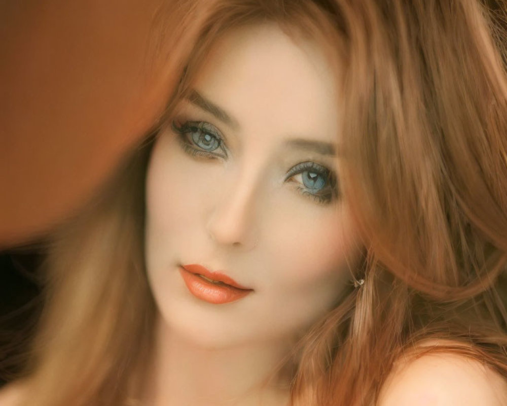 Portrait of Woman with Striking Blue Eyes and Voluminous Brown Hair