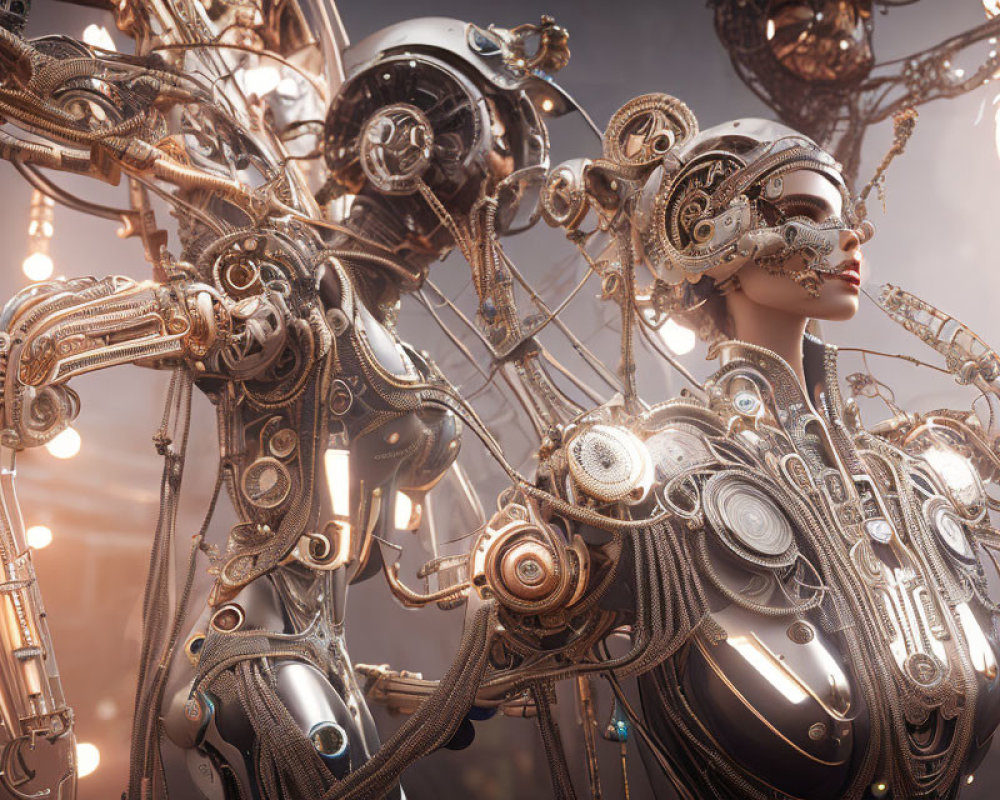 Futuristic female android with intricate metal details on warm glowing backdrop