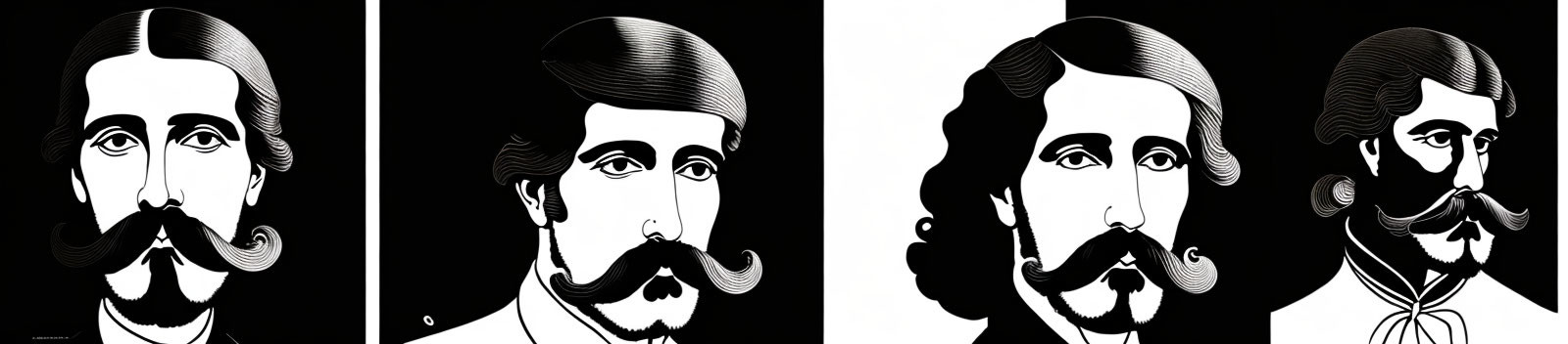 Four stylized black and white portraits of a man with distinct facial hair in various styles.
