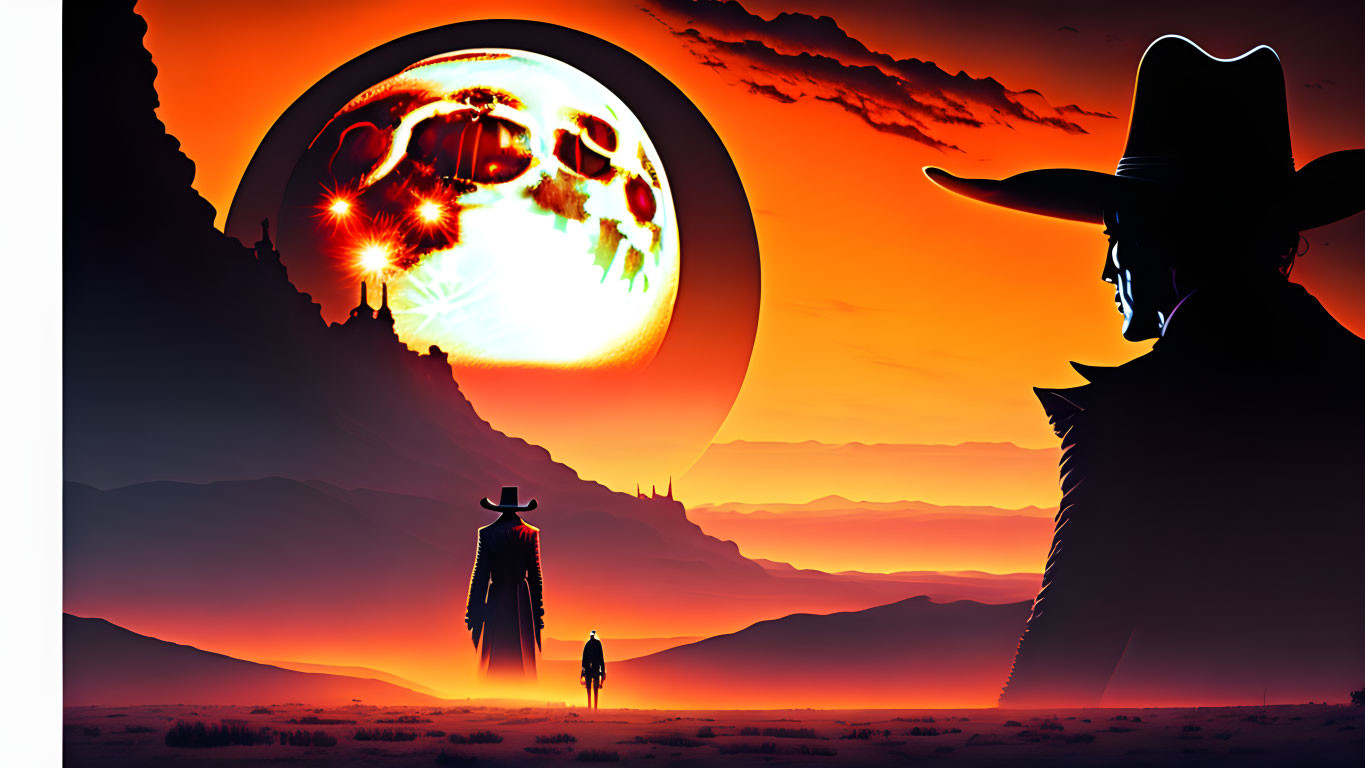 Silhouetted cowboy hat figure in desert with vivid planet and fiery sky