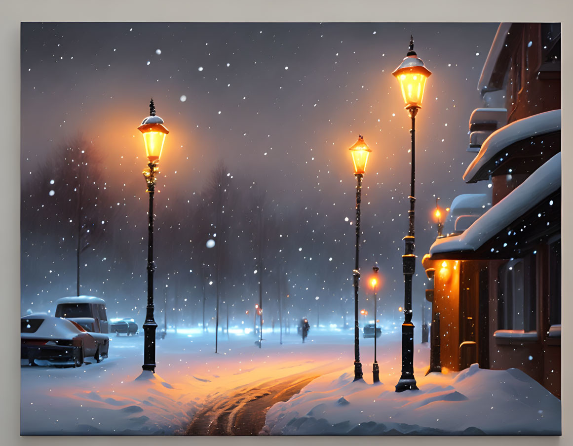 Snowy Evening Scene: Street Lamps, Snow-Covered Car, Person Walking