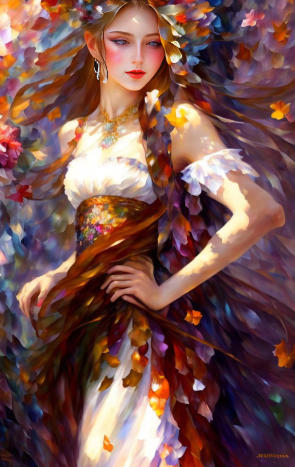 Fantasy portrait of a woman with flowing leaf dress in mystical autumn setting
