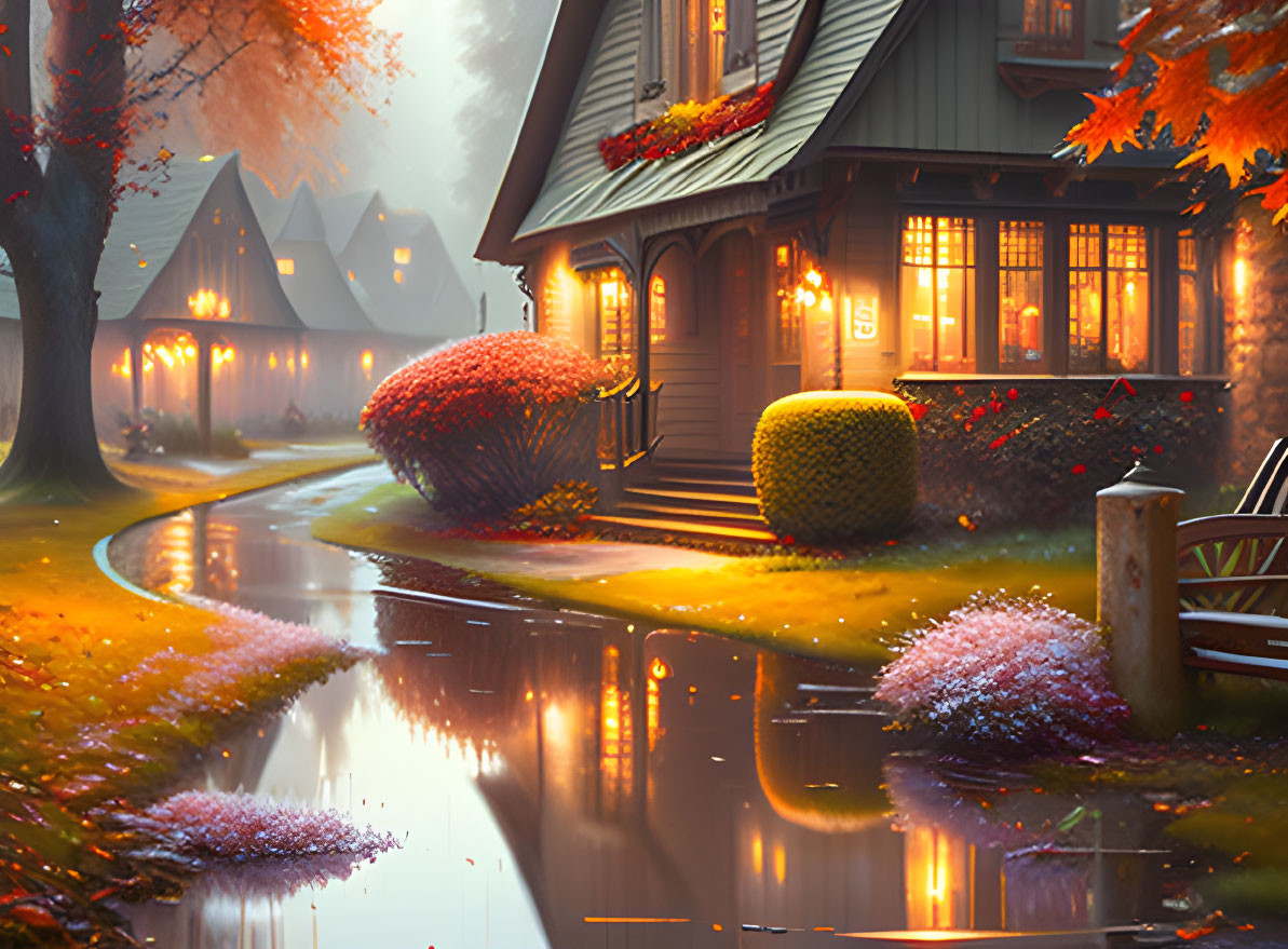 Tranquil autumnal scene: warmly lit cottages, colorful foliage, reflective wet path.