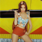 Red-Haired Woman in Floral Crop Top and Rust Shorts by Yellow Bus