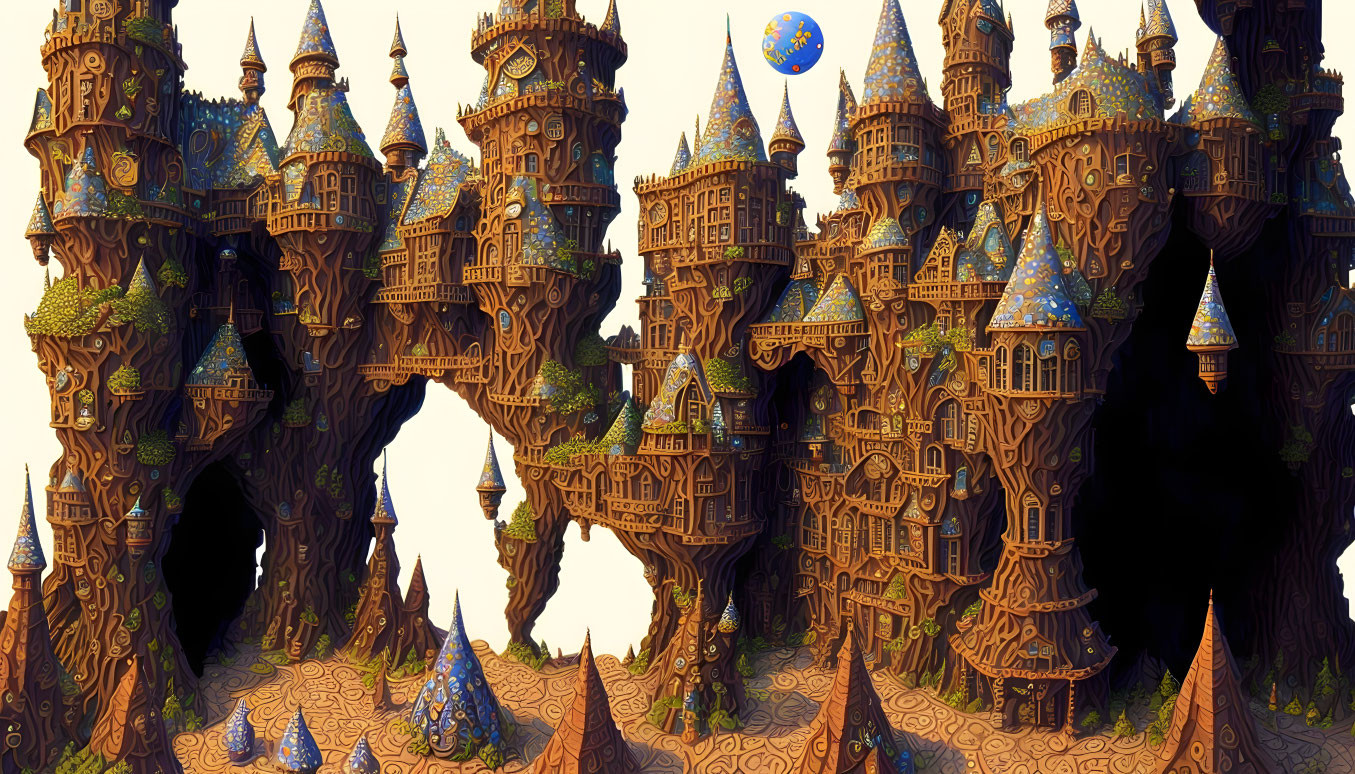 Fantastical landscape with intricate tree-like castles and blue spired rooftops
