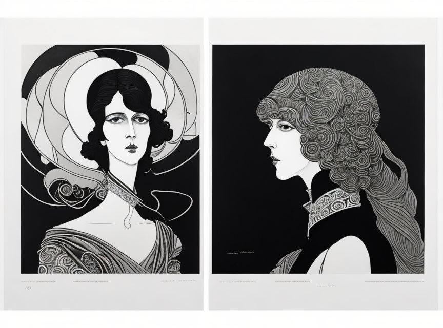 Stylized Art Nouveau portraits with black and white contrasts and intricate patterns.