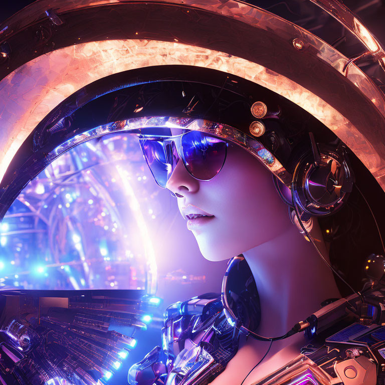 Futuristic portrait with sunglasses, headphones, and tech attire on neon-lit cybernetic backdrop