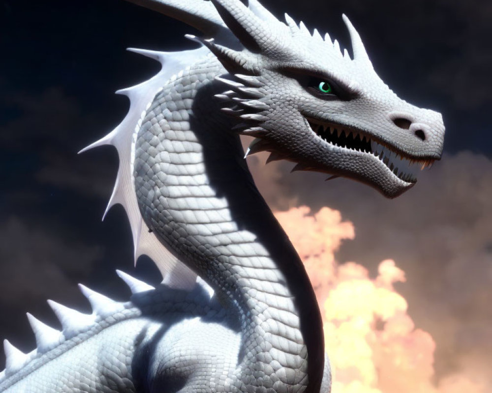 White Dragon with Green Eyes and Spikes in Dramatic Cloud Setting