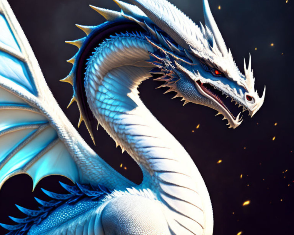 White and Blue Dragon with Horns and Red Eyes in Dark Setting