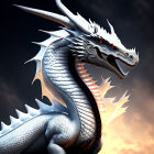 White Dragon with Green Eyes and Spikes in Dramatic Cloud Setting